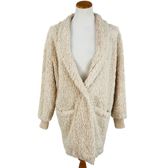 Me Jane Sweaters - Me Jane Faux Fur Cozy Light Beige Ribbed Cuffs & Pockets Relaxed Cardigan Jacket